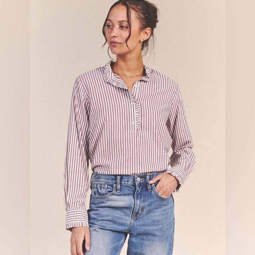 Trovata Striped Button Down Shirt - Pink and White